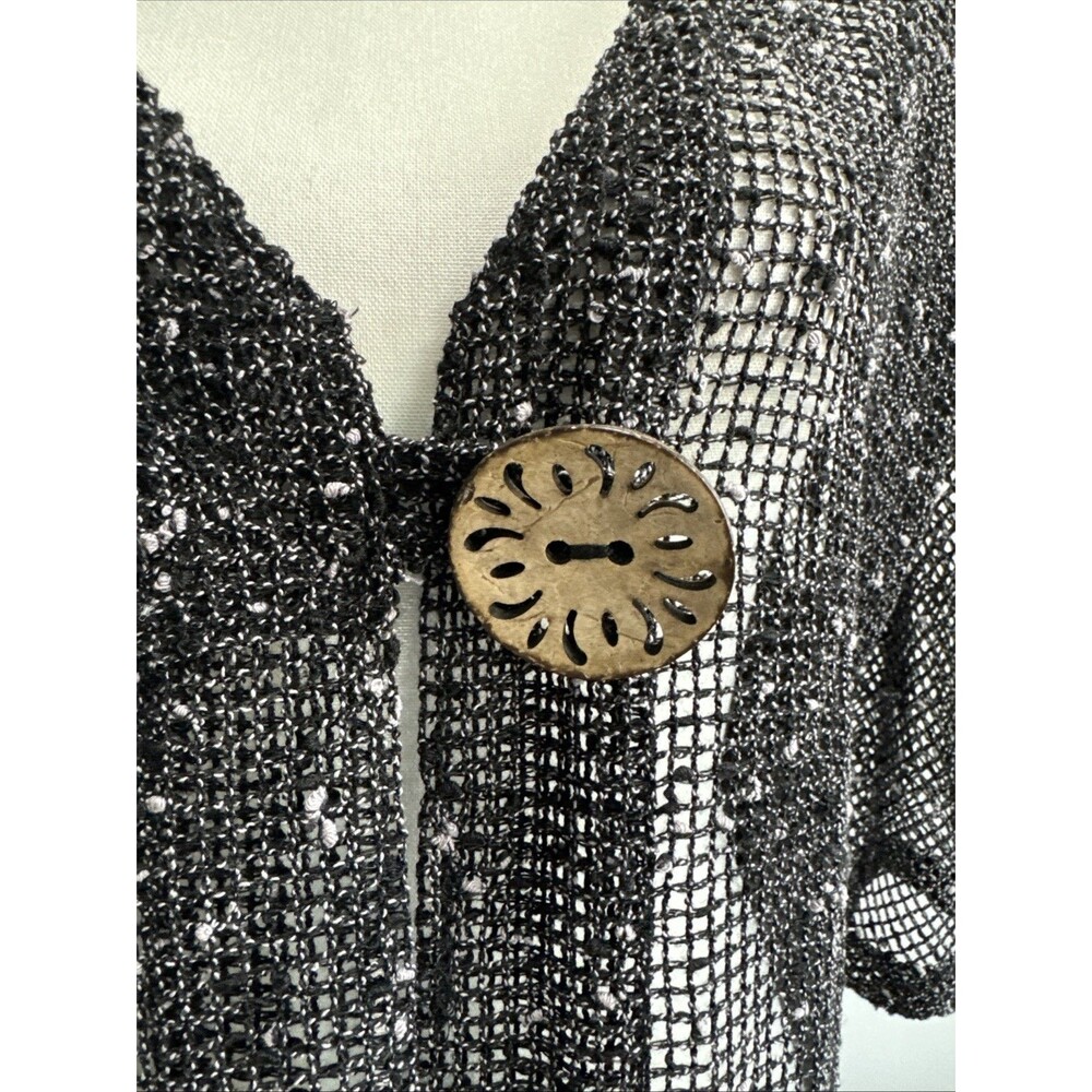 Lulu B Cardigan Mesh Black Slub Wood Button Front Sharkbite Lagenlook Sz L - Picture 2 of 8